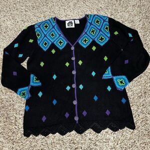 Storybook Knit Colorful Geometric Pattern Sweater. Size Large